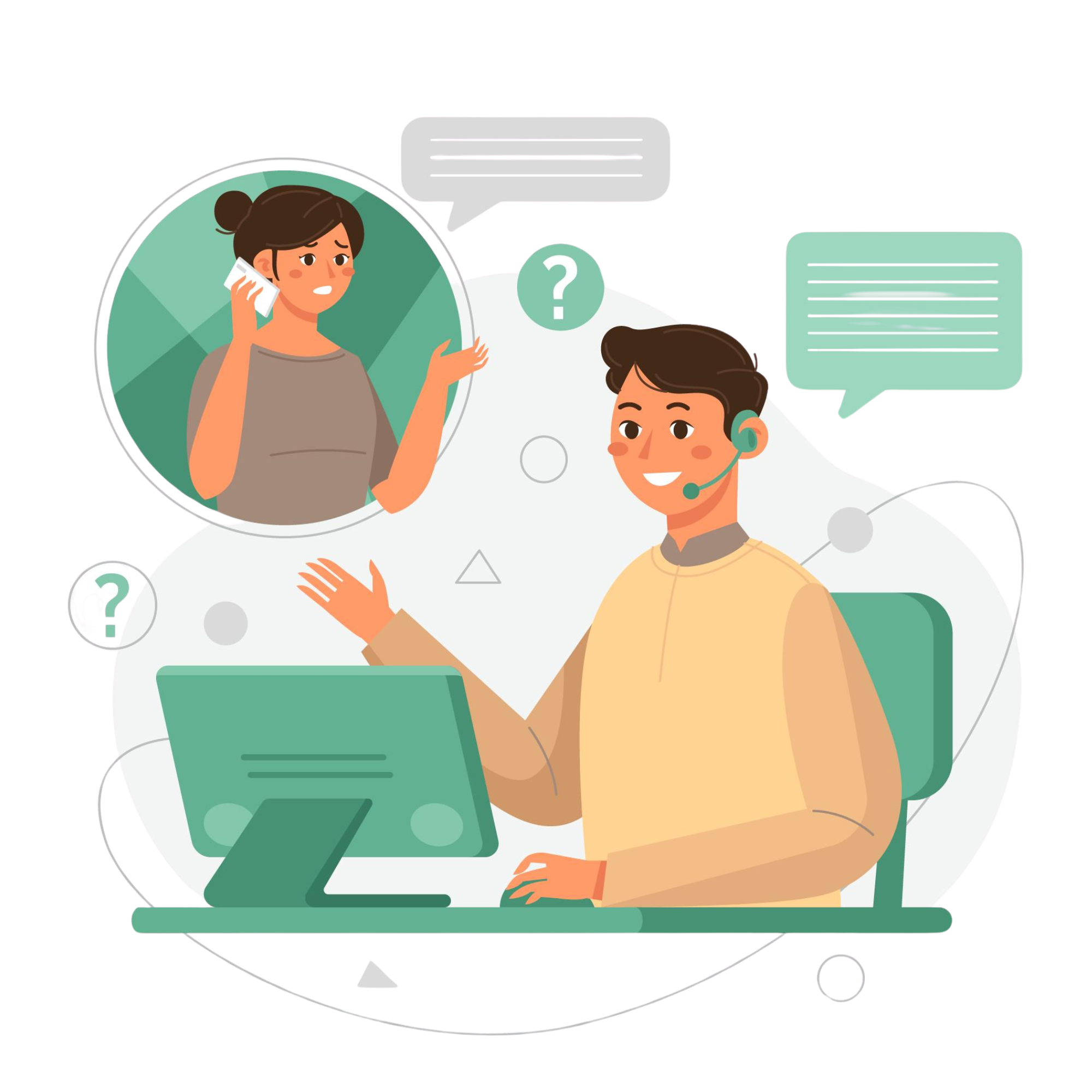 Illustration of a customer support agent assisting a woman over a call, with chat bubbles and question marks symbolizing communication and problem-solving.